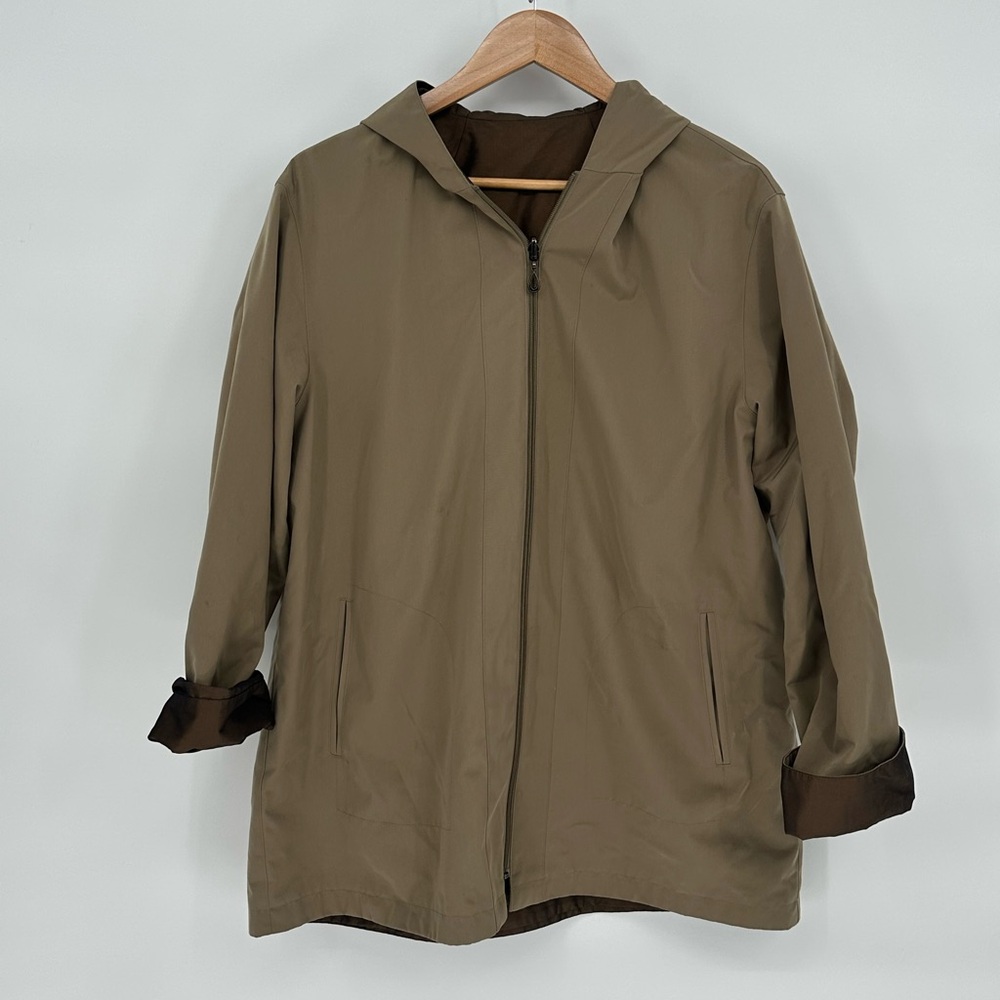Gallery Women's Brown Reversible Hooded Jacket Petite XL Full Zip Pockets Coat